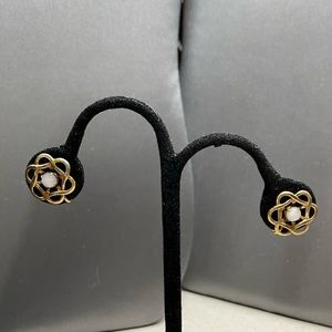 vintage P & F White Cats Eye Gold Tone Screw back Earrings.